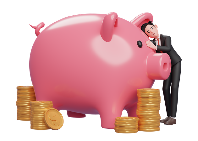 Happy businessman in black formal suit hugging big piggy bank  3D Illustration