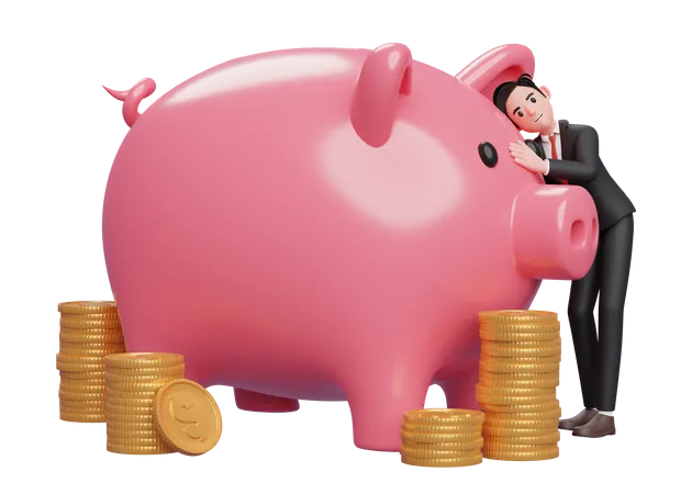 Happy businessman in black formal suit hugging big piggy bank  3D Illustration