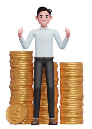 Happy businessman in blue shirt getting lots of piles of gold coins  3D Illustration