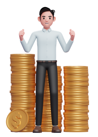Happy businessman in blue shirt getting lots of piles of gold coins  3D Illustration