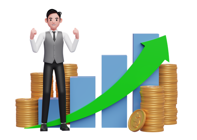 Happy businessman in gray shirt celebrating in front of positive growing bar graph with coin ornament  3D Illustration