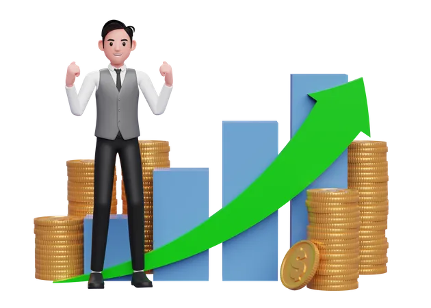Businessman In Grey Vest Celebrating With Clenched Fists In Front Of Positive Growing Bar Chart With Coin Ornament 3 D Rendering Of Business Investment Concept 3D Illustration
