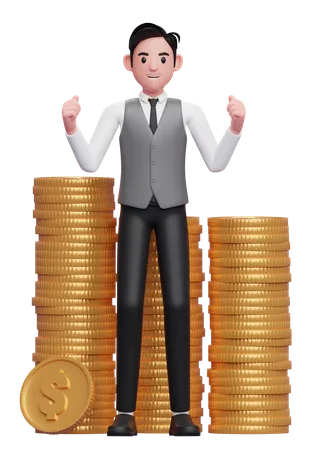 Happy businessman in grey vest getting lots of piles of gold coins  3D Illustration