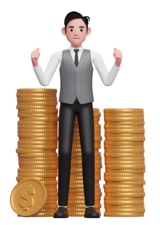 Happy businessman in grey vest getting lots of piles of gold coins 3D Illustration
