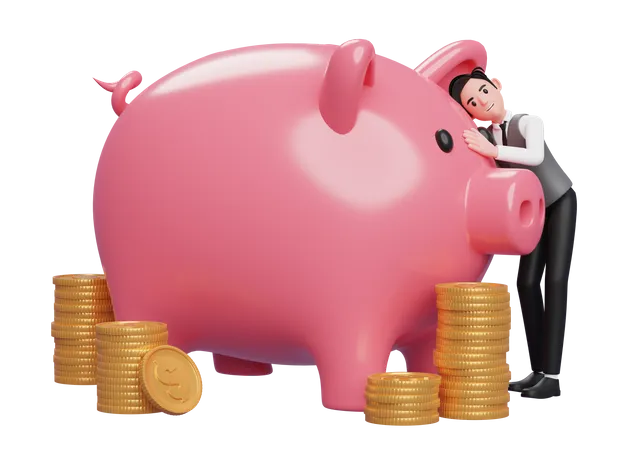 Happy businessman in grey vest hugging big piggy bank with gold coin ornament  3D Illustration