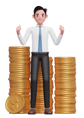 Happy businessman in white shirt blue tie getting lots of piles of gold coins  3D Illustration