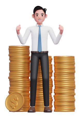 Happy businessman in white shirt blue tie getting lots of piles of gold coins 3D Illustration