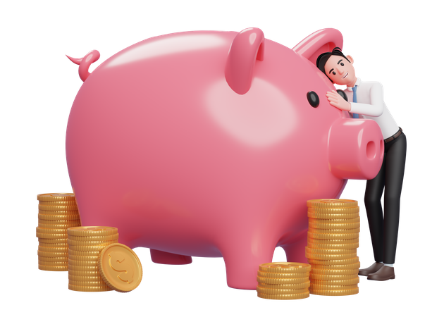 Happy businessman in white shirt blue tie hugging big pink piggy bank saving gold coins  3D Illustration