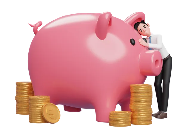 Happy businessman in white shirt blue tie hugging big pink piggy bank saving gold coins  3D Illustration