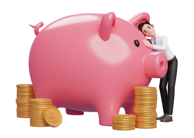 Happy businessman in white shirt blue tie hugging big pink piggy bank saving gold coins 3D Illustration