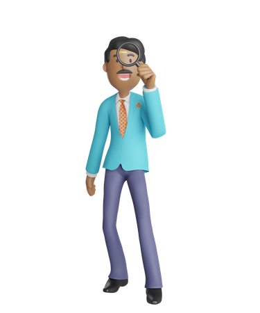 Happy Businessman looking through magnifying glass 3D Illustration