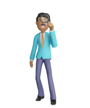 Happy Businessman looking through magnifying glass 3D Illustration