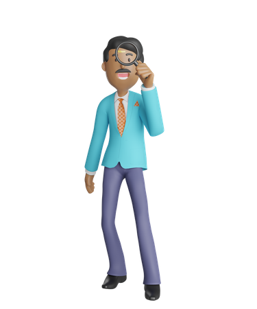 Happy Businessman looking through magnifying glass  3D Illustration