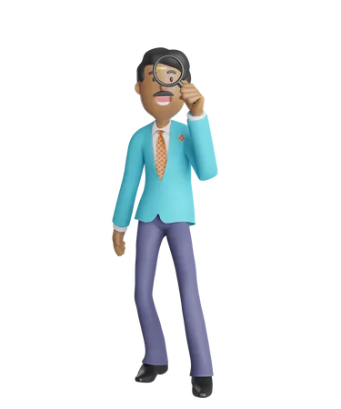 Happy Businessman looking through magnifying glass  3D Illustration