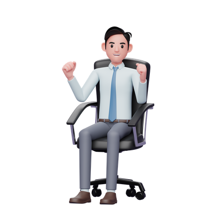 Happy businessman sitting in office chair celebrating  3D Illustration