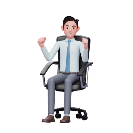 Happy businessman sitting in office chair celebrating 3D Illustration