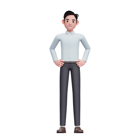 Happy Businessman With Hand On Waist 3 D Render Businessman Ready Pose Character Illustration 3D Illustration