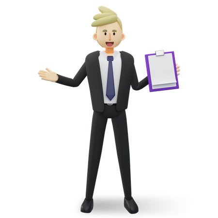 Happy businessman with list board on his hand.3d rendering cartoon illustration.  3D Illustration