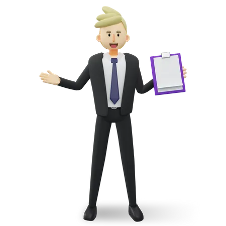 Happy businessman with list board on his hand.3d rendering cartoon illustration. 3D Illustration