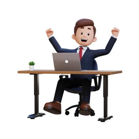 3 D Businessman Character Happy Working On A Laptop 3D Illustration