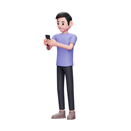 Happy casual Guy Typing Message on the Smartphone  3D Icon