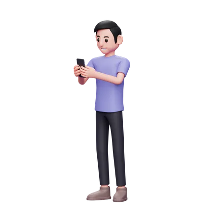 Happy casual Guy Typing Message on the Smartphone  3D Illustration