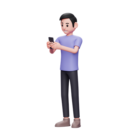 Happy casual Guy Typing Message on the Smartphone 3D Illustration