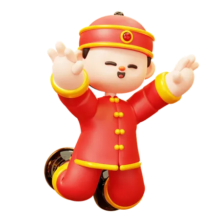 Cute Cartoon 3 D Character Chinese Boy In Red Traditional Chinese Costume Greeting Happy Jump Happy Lunar New Year Tradition Chinatown And Chinese New Year Tradition 3D Illustration