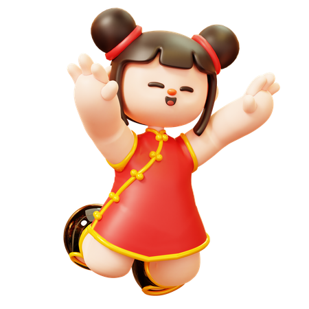Happy Chinese Girl Jumping  3D Illustration