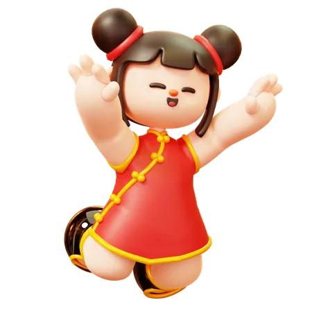 Cute Cartoon 3 D Character Chinese Girl In Red Cheongsam Dress Greeting Happy Jump Happy Lunar New Year Tradition Chinatown And Chinese New Year Tradition 3D Illustration