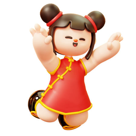 Happy Chinese Girl Jumping  3D Icon