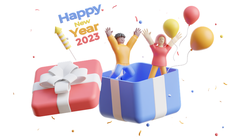 Happy Couple Celebrate New Year 2023  3D Illustration