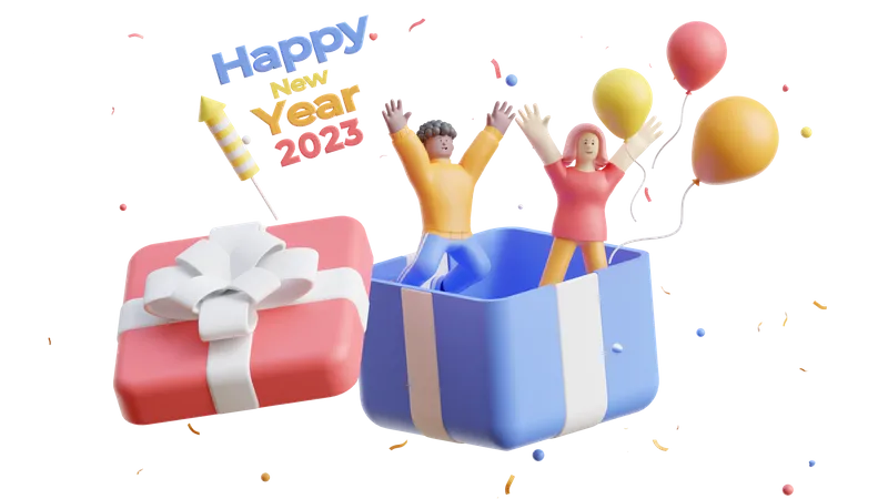 Happy Couple Celebrate New Year 2023  3D Illustration