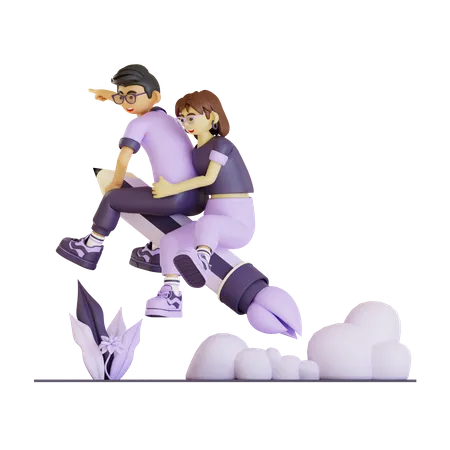 Happy Couple Flying With Rocket Pencil 3D Illustration