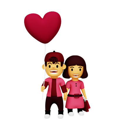 Happy couple holding heart balloon  3D Icon