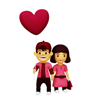 Happy couple holding heart balloon 3D Illustration