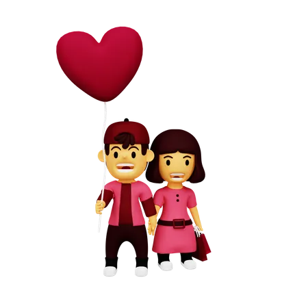 Happy couple holding heart balloon 3D Illustration