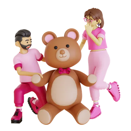 Happy couple with teddy bear  3D Illustration