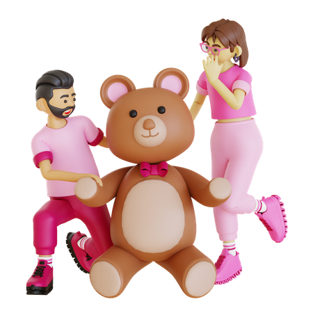 Happy couple with teddy bear 3D Illustration