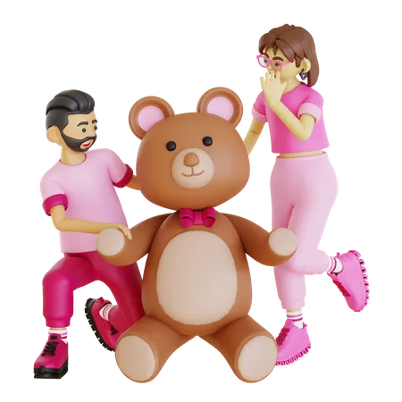 Happy couple with teddy bear 3D Illustration