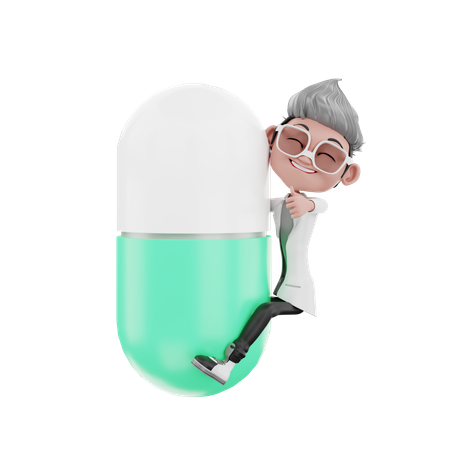 Happy doctor giving hug to medicine 3D Illustration