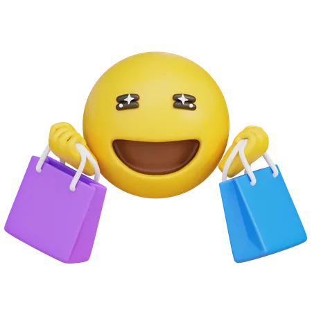 Happy Expression Emoji Holding Shopping Bags Both Hands  3D Icon