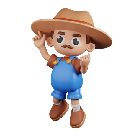 Happy  Farmer In Jumping Pose  3D Illustration