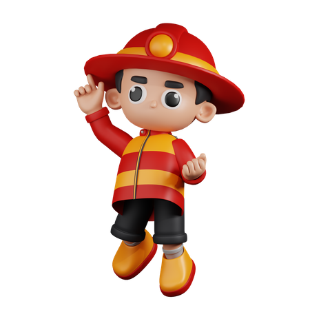 Happy  Fireman in Jumping Pose  3D Illustration