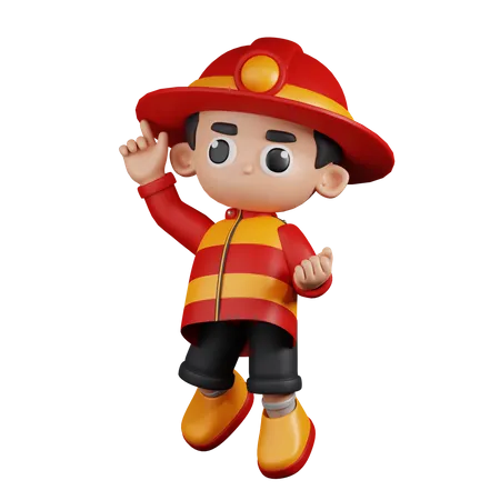 Happy  Fireman in Jumping Pose  3D Illustration