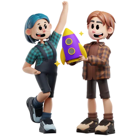 Happy Friends Launching Business  3D Illustration