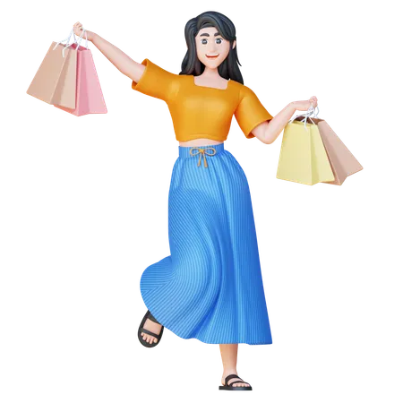 3 D Online Shopping Illustration Set Megan Happy Holding Shopping Bag 3D Illustration