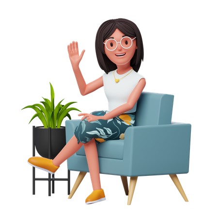 Happy Girl waiving hand while sitting on sofa  3D Illustration