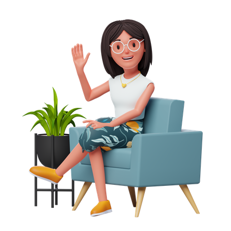 Happy Girl waiving hand while sitting on sofa 3D Illustration