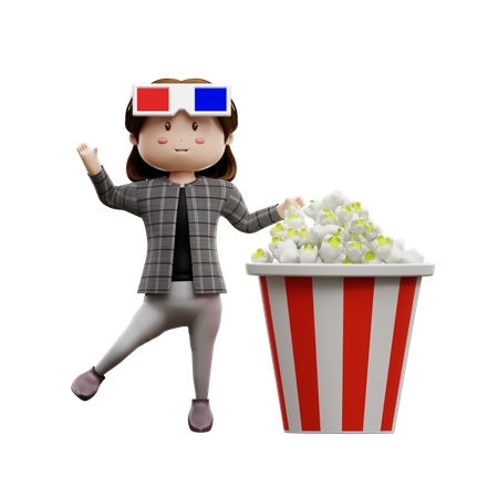 Happy girl waving hand with popcorn  3D Illustration